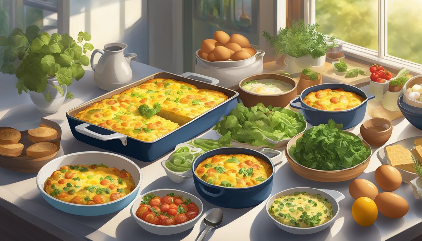 A table set with a variety of frittatas and casseroles, surrounded by fresh ingredients like eggs, vegetables, and herbs. Sunlight streams in through a window, casting a warm glow over the scene