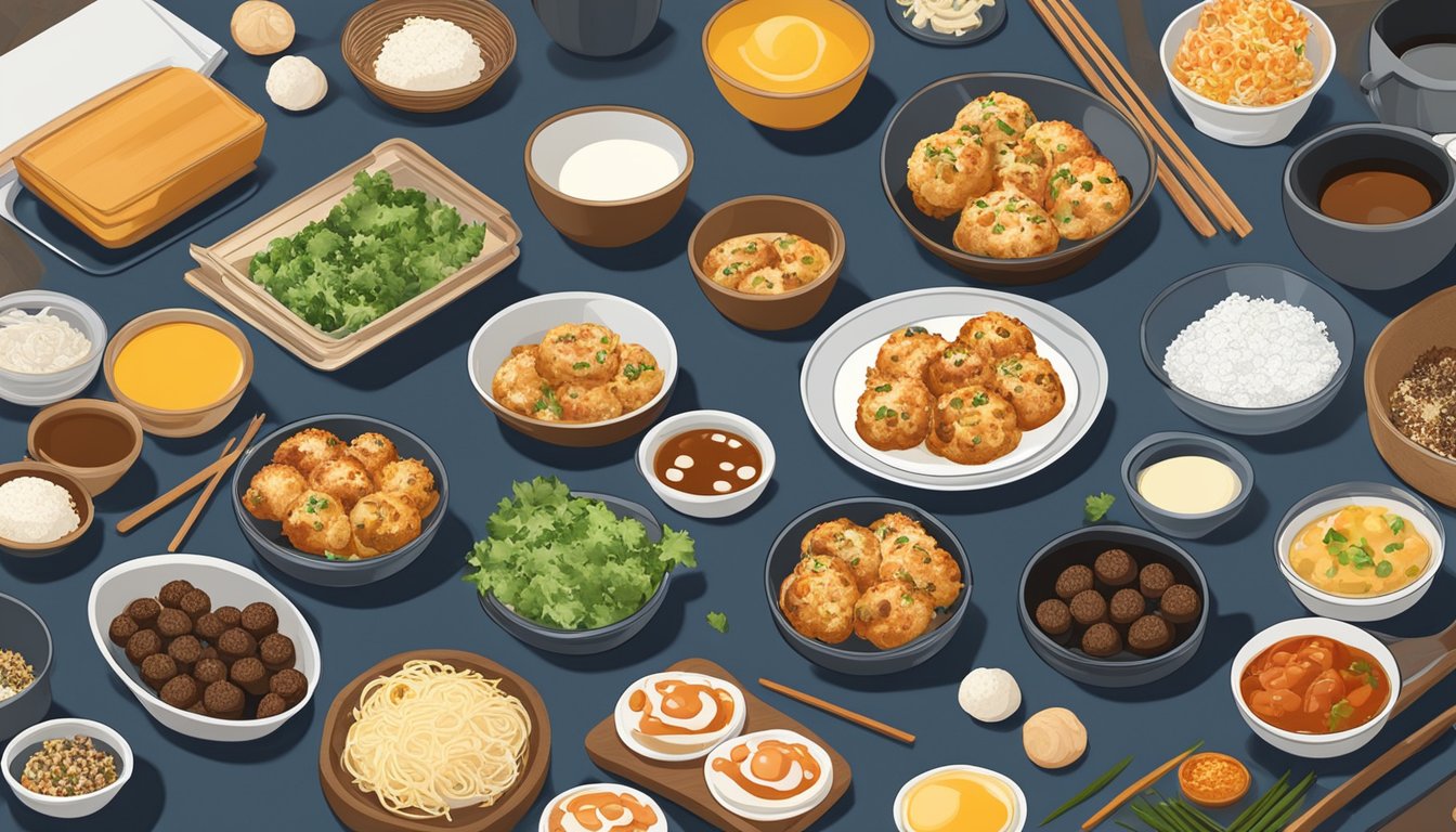 A takoyaki maker surrounded by ingredients for breakfast recipes