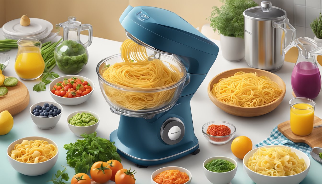 A colorful array of fresh ingredients and kitchen tools surrounding the Philips pasta maker, with various breakfast dishes being prepared