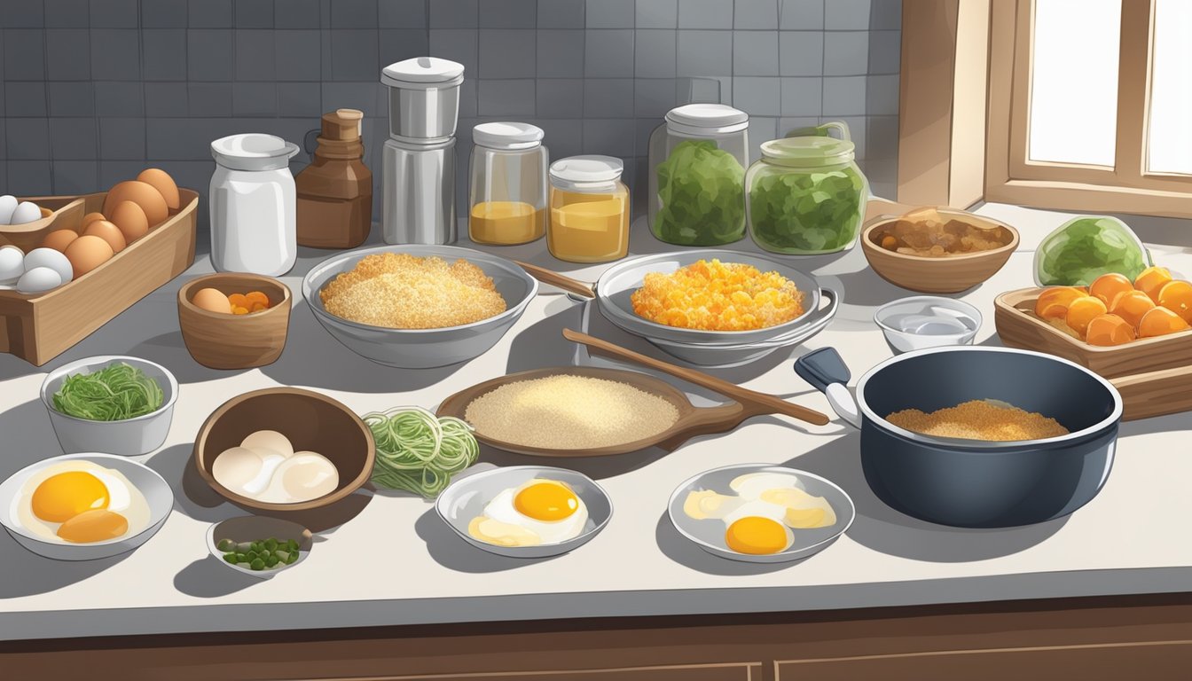 A kitchen counter with various ingredients and utensils laid out, including eggs, flour, vegetables, and a takoyaki maker