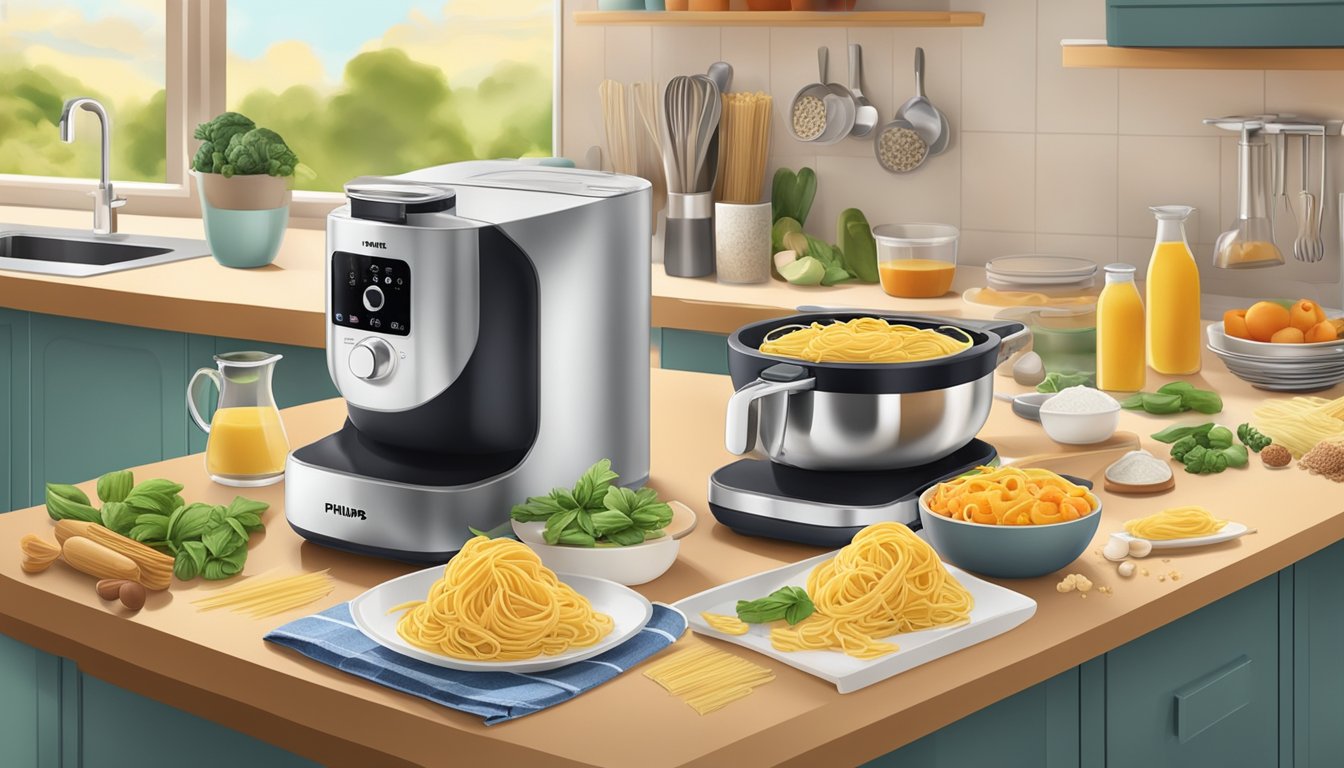 A kitchen counter with a Philips pasta maker in use, surrounded by various ingredients and utensils for creating breakfast pasta dishes