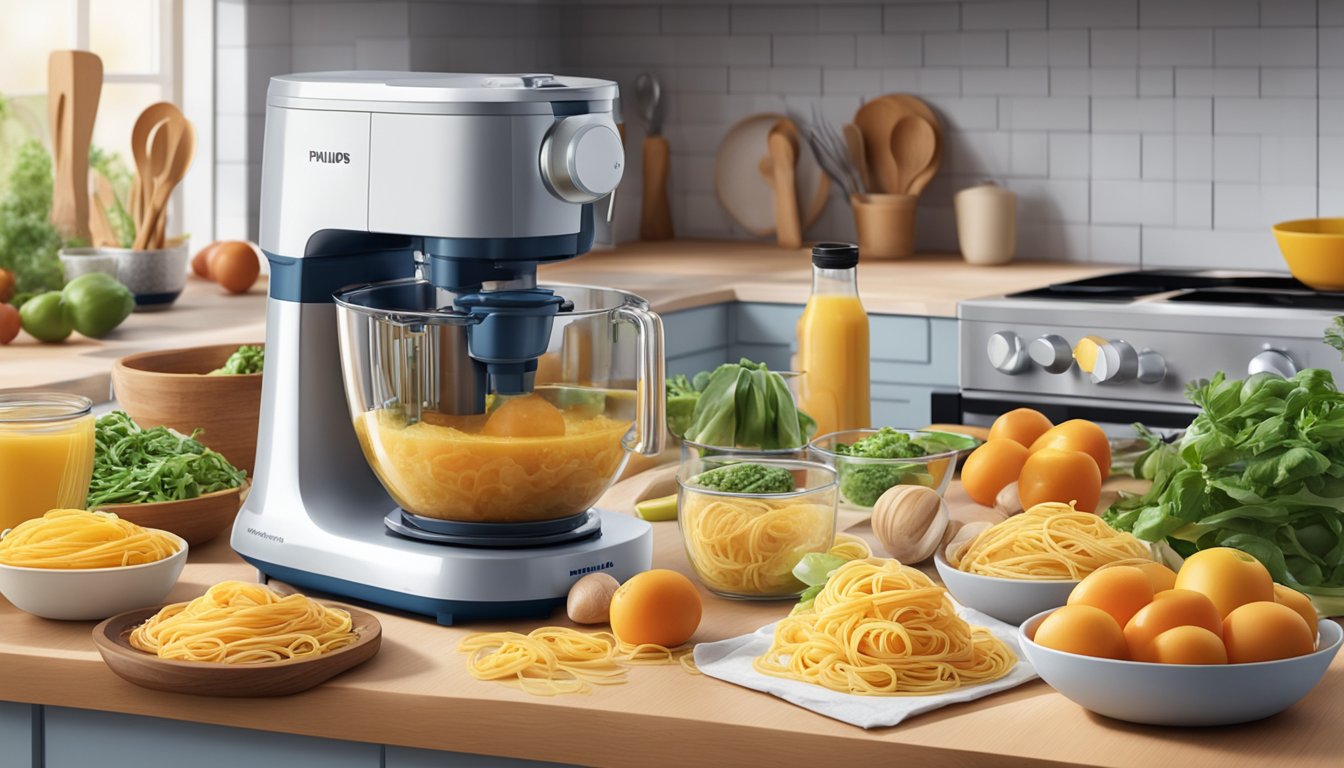 A kitchen counter with a Philips pasta maker in use, surrounded by ingredients and utensils for making breakfast recipes