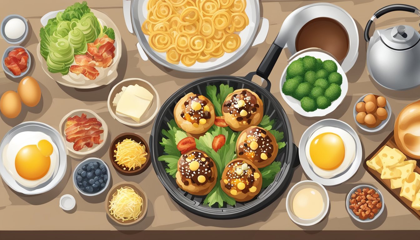 A takoyaki maker surrounded by various breakfast ingredients, including eggs, bacon, cheese, vegetables, and fruit, ready to be used for creating delicious takoyaki toppings