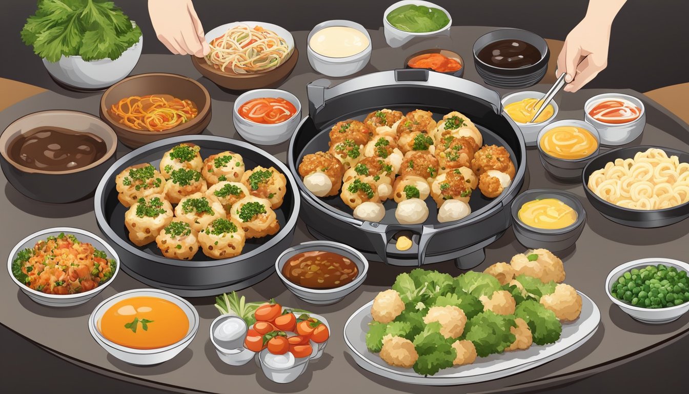 A takoyaki maker surrounded by various side dishes and ingredients, such as vegetables, sauces, and condiments, ready to be used for creating complete breakfast recipes