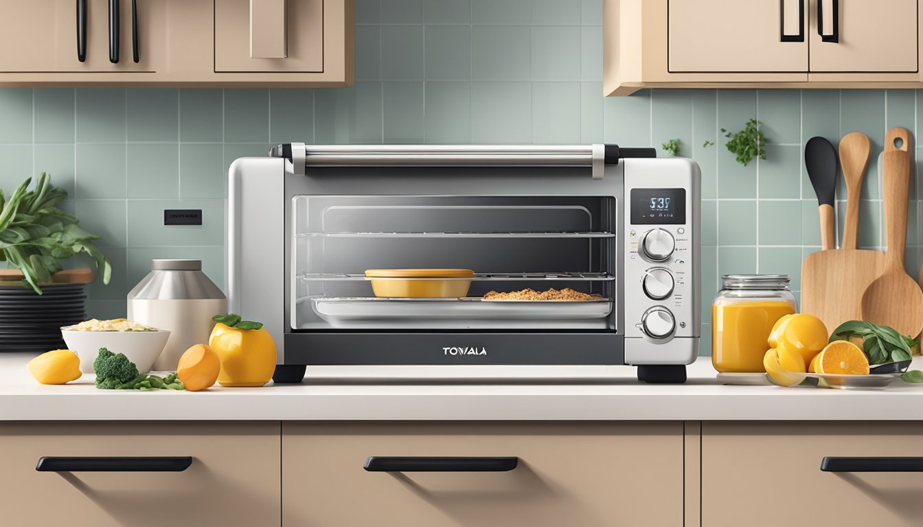 A kitchen counter with a Tovala smart oven surrounded by ingredients and kitchen utensils. A stack of recipe cards sits next to the oven