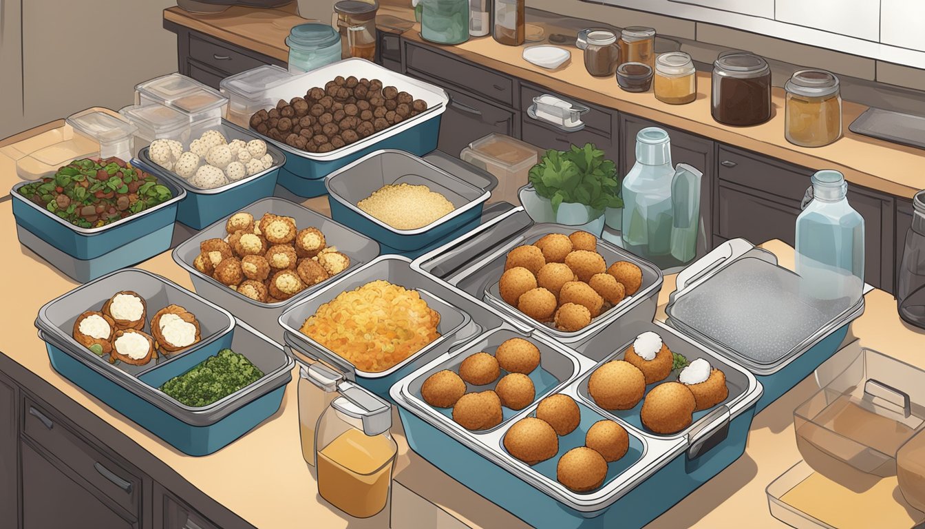 A kitchen counter with a takoyaki maker surrounded by various containers of prepped breakfast ingredients and labeled storage containers