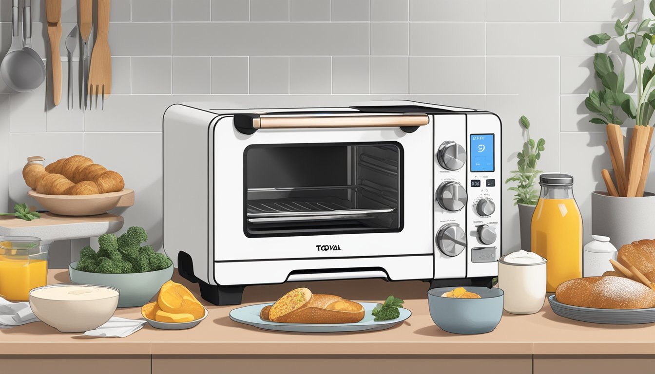 A Tovala smart oven surrounded by various breakfast ingredients and utensils, with 10 recipe cards displayed nearby