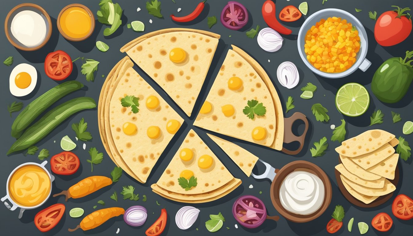 A quesadilla maker surrounded by ingredients for breakfast recipes, including eggs, cheese, vegetables, and tortillas