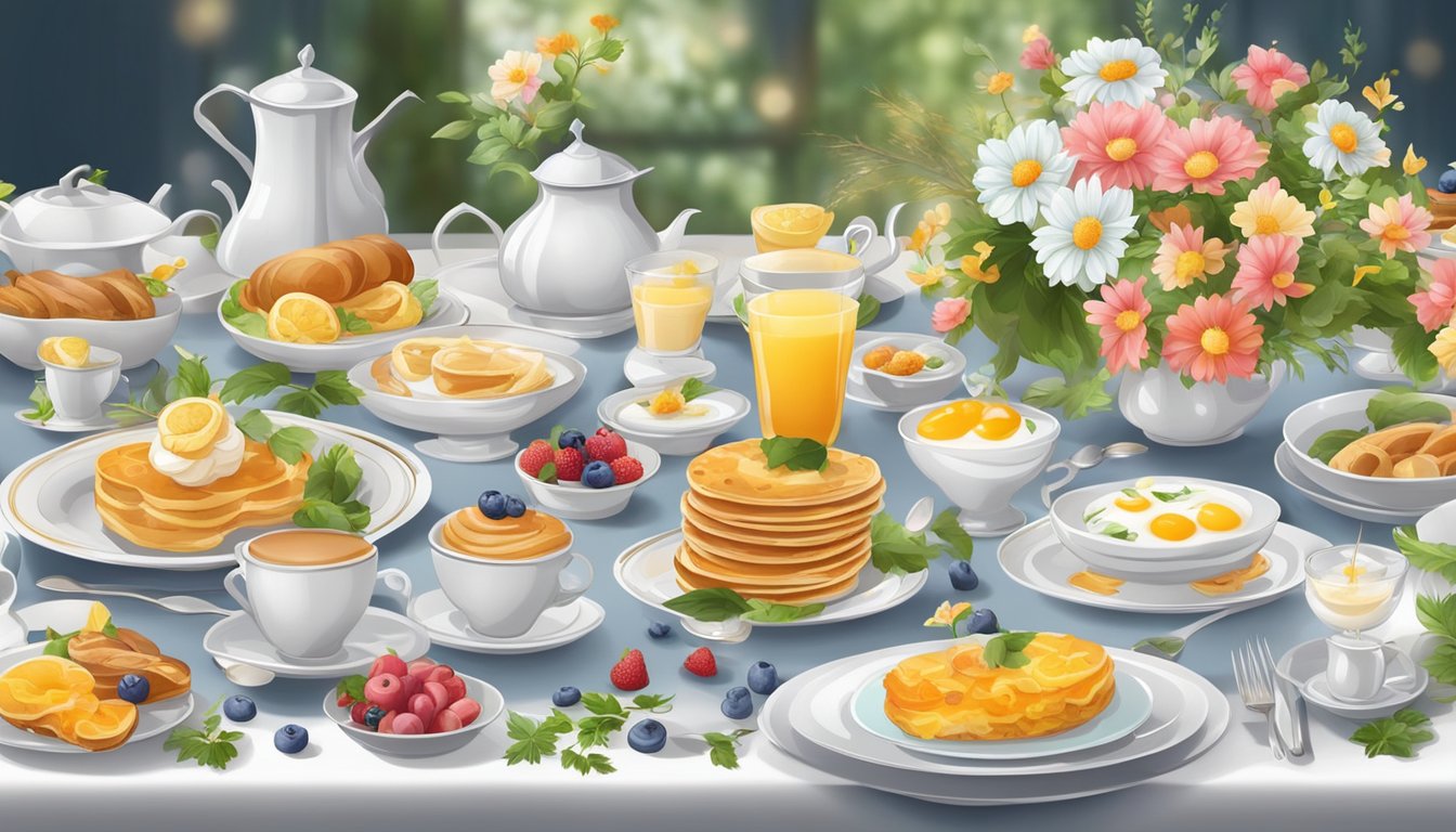 A table set with an array of beautifully presented breakfast dishes, surrounded by elegant floral decorations and delicate tableware