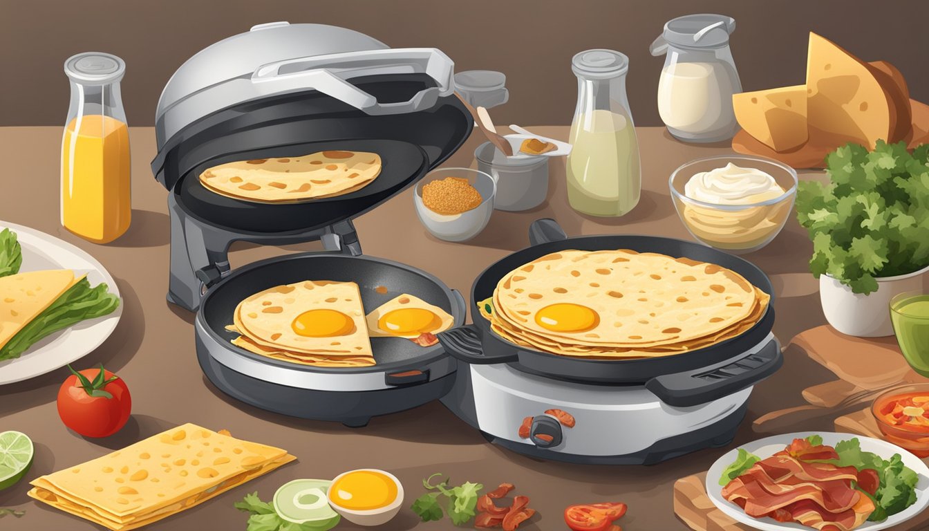 A quesadilla maker surrounded by various breakfast ingredients like eggs, cheese, bacon, vegetables, and tortillas