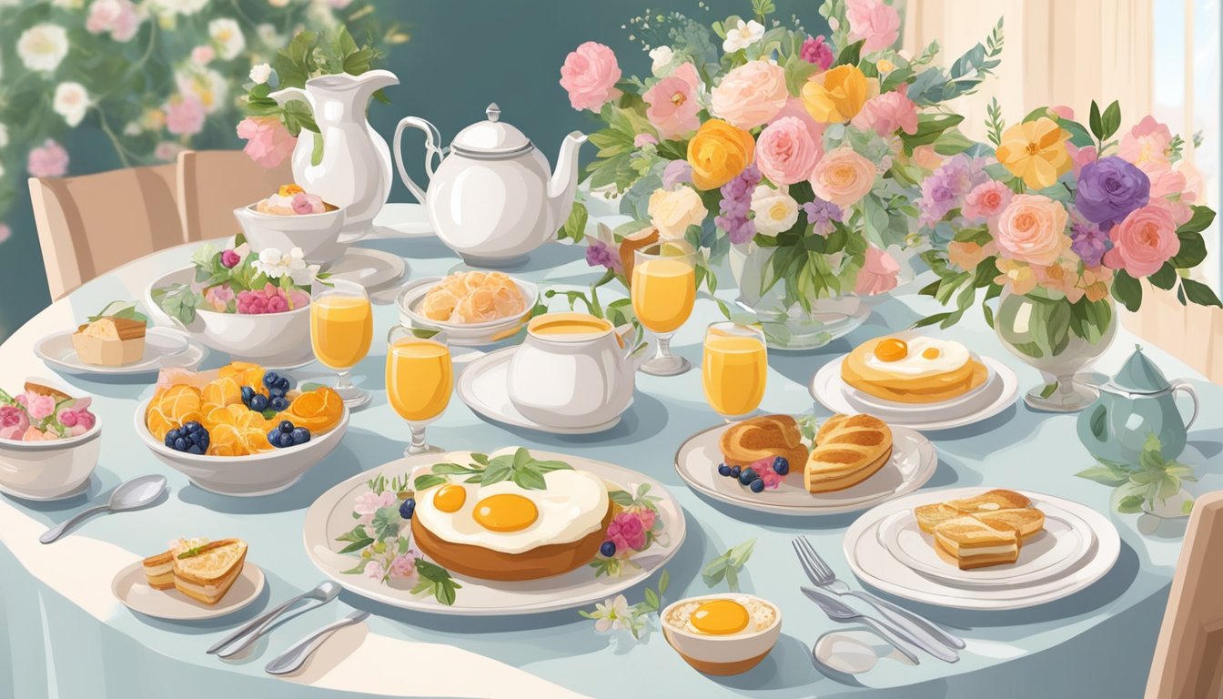 A table set with a variety of beautifully presented breakfast dishes, surrounded by floral decorations and elegant tableware for a bridal shower brunch