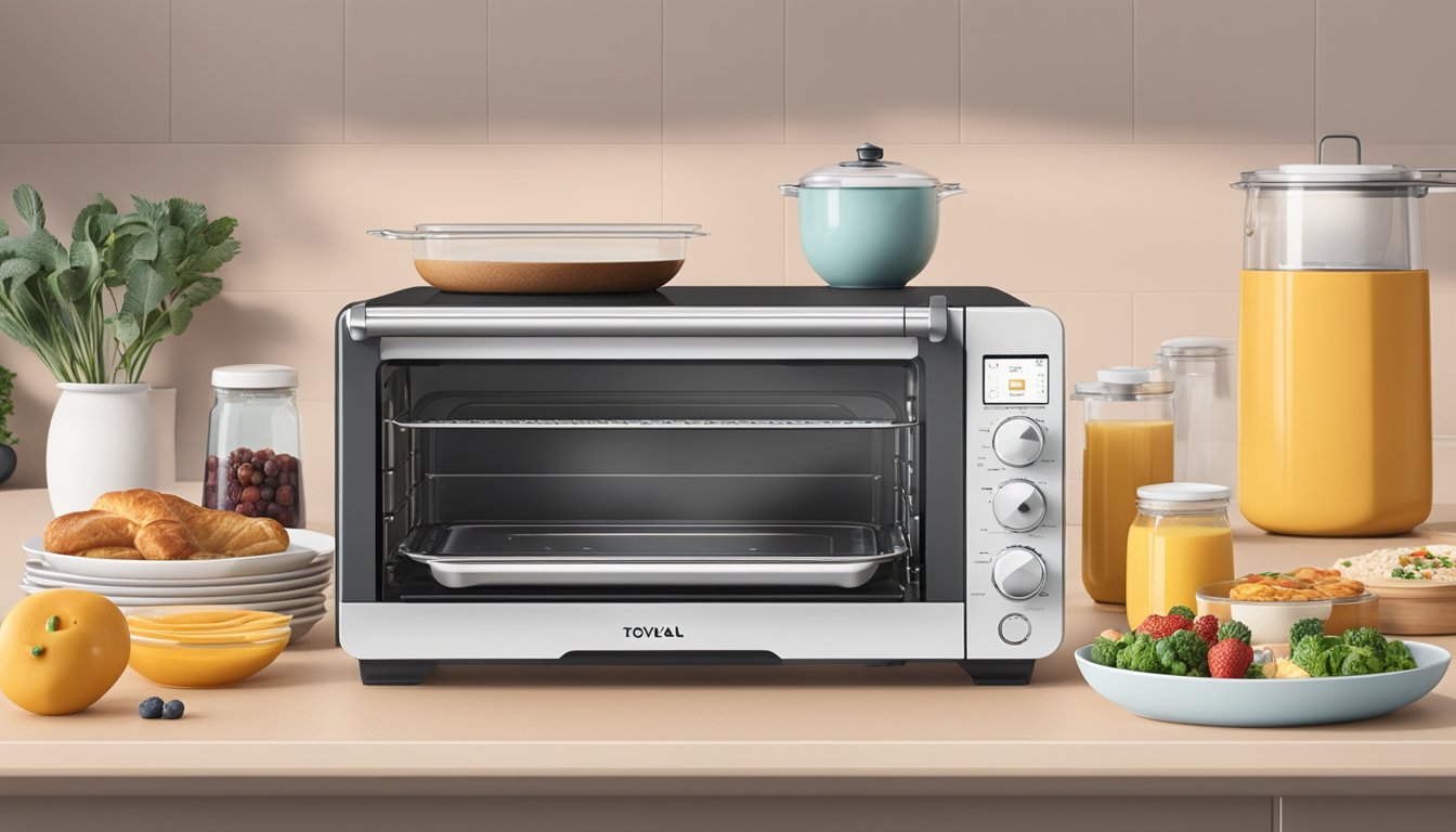 A Tovala smart oven surrounded by various breakfast ingredients and utensils, with 10 different breakfast dishes being prepared inside