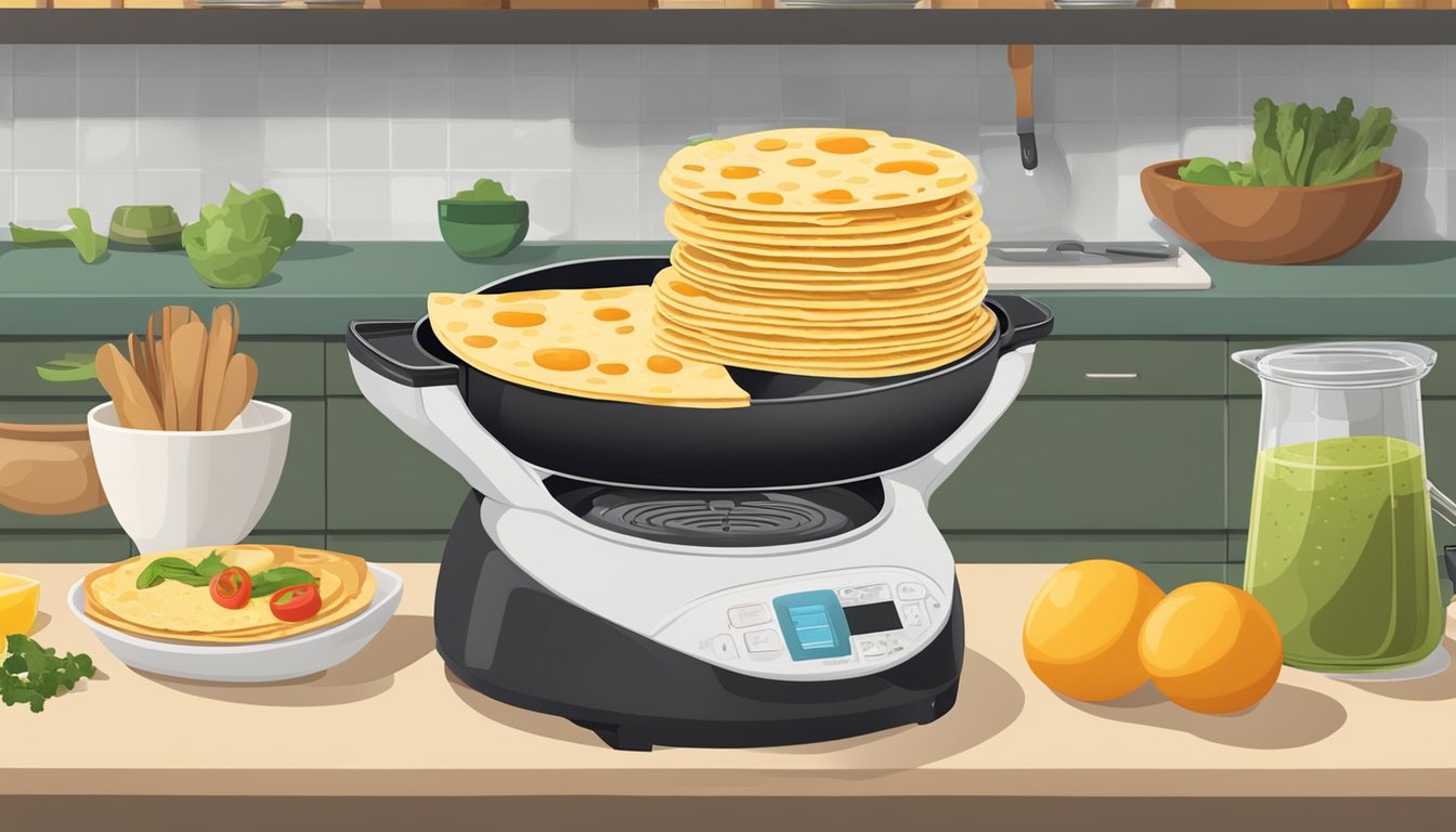 A kitchen counter with a quesadilla maker surrounded by ingredients for breakfast recipes such as eggs, cheese, vegetables, and tortillas