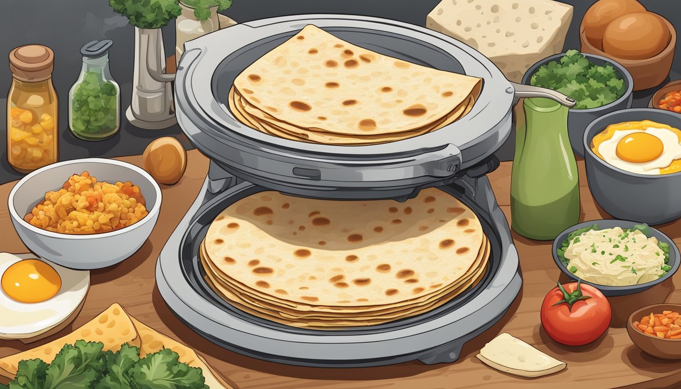 A quesadilla maker surrounded by various breakfast ingredients, such as eggs, cheese, vegetables, and tortillas. A plate with a finished quesadilla sits nearby