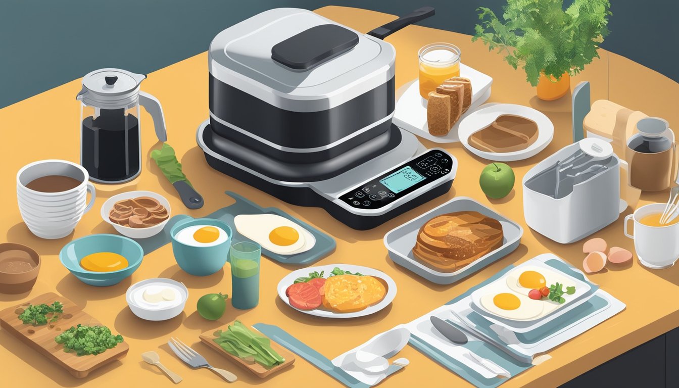 A kitchen counter with an Anova Sous Vide Precision Cooker surrounded by various breakfast ingredients and utensils, ready to create gourmet morning dishes