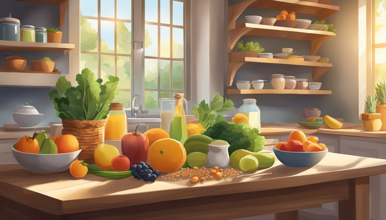 A peaceful kitchen with a variety of colorful fruits, vegetables, grains, and dairy products laid out on a wooden table. Sunlight streams through the window, creating a warm and inviting atmosphere