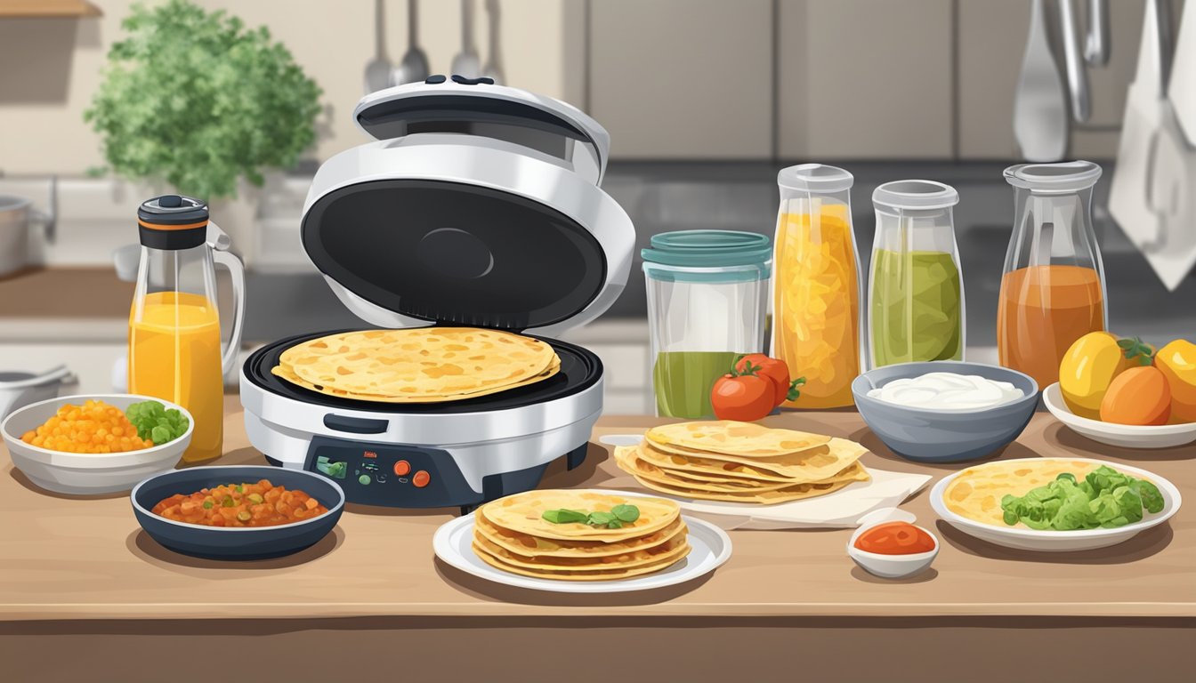 A kitchen counter with a quesadilla maker surrounded by ingredients for 5 breakfast recipes, along with containers for storing and reheating the prepared meals