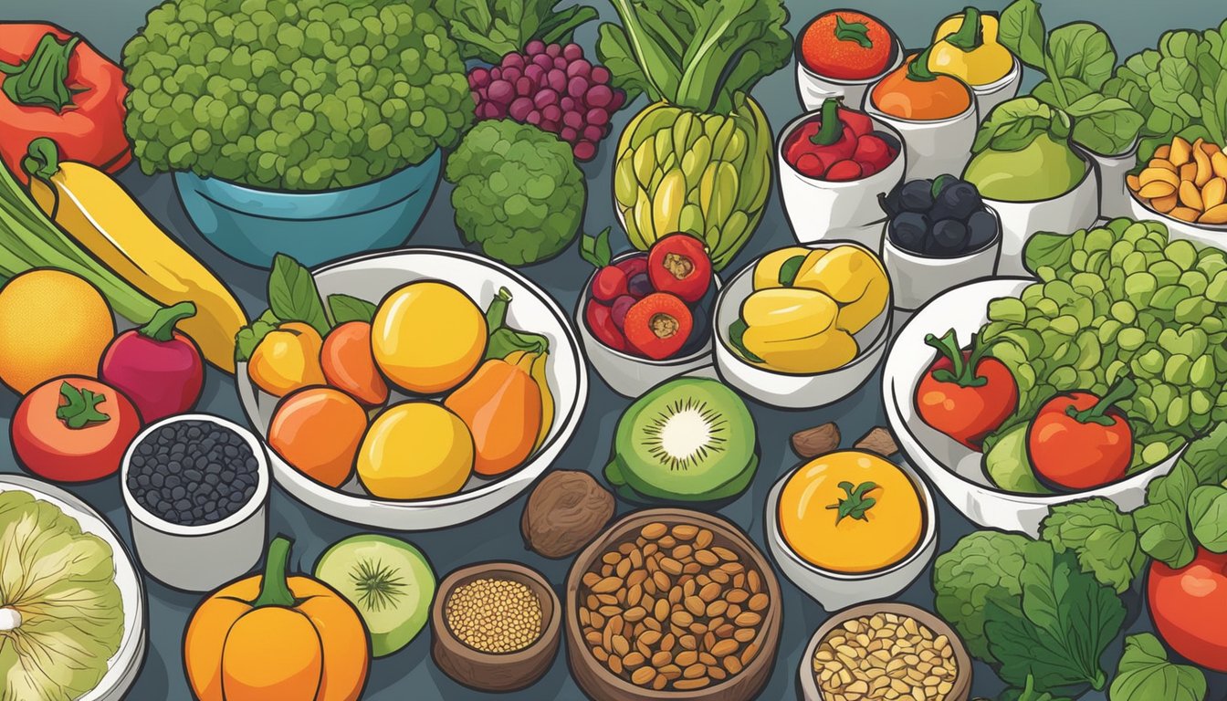 A colorful array of fresh fruits and vegetables, alongside a variety of seeds and nuts, all laid out on a kitchen counter