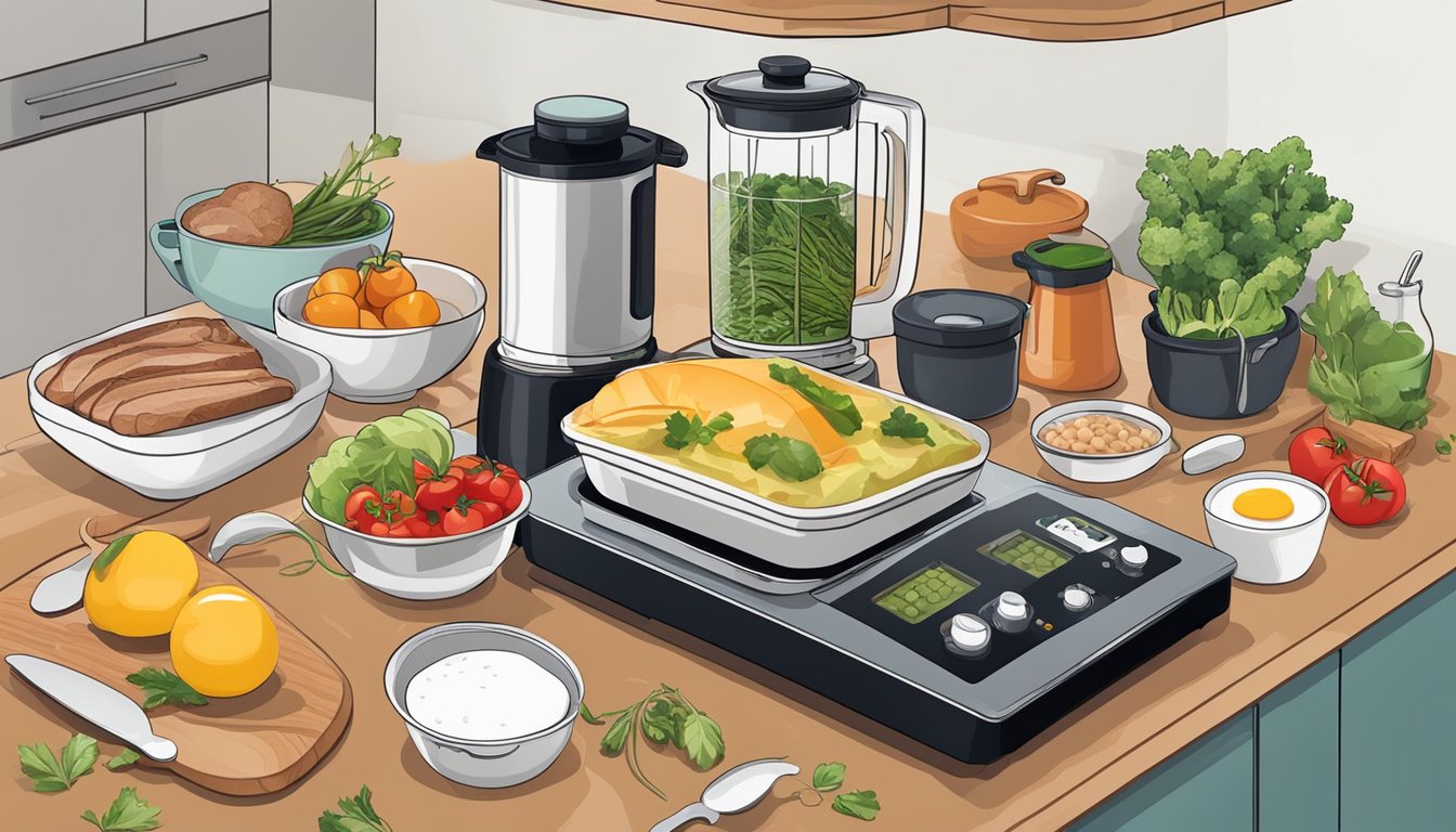 A countertop with various ingredients and kitchen utensils surrounding an Anova sous vide precision cooker, ready to prepare gourmet breakfast recipes