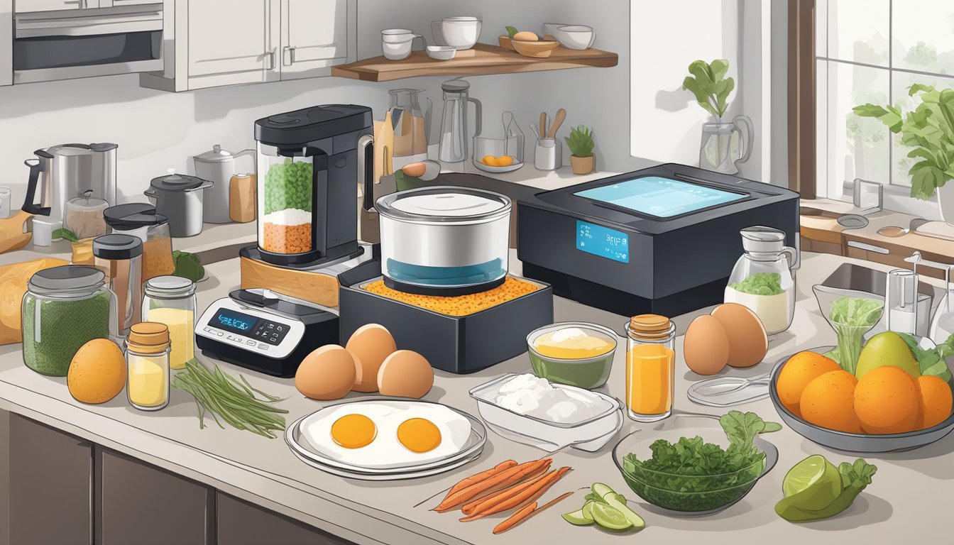 A colorful kitchen counter with various ingredients and the Anova sous vide precision cooker set up for making gourmet egg-based breakfasts