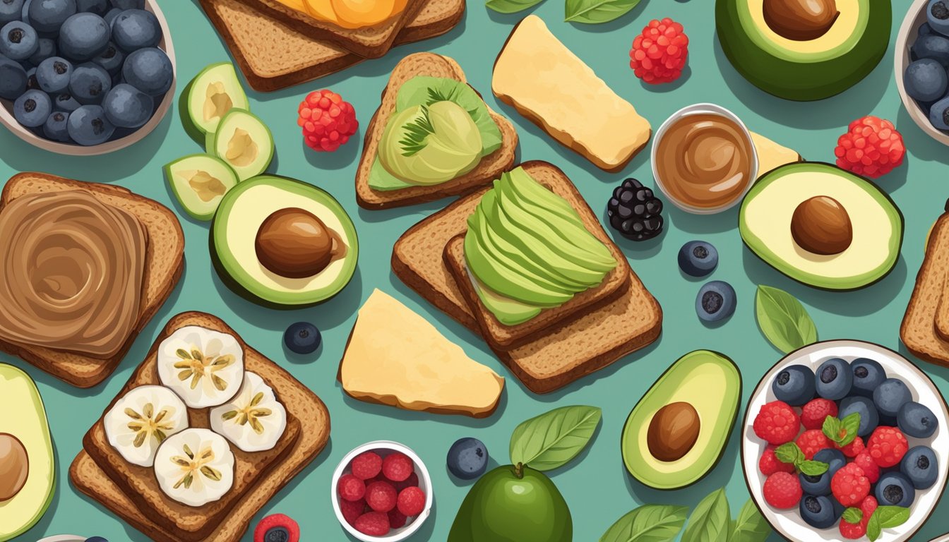 A table set with an assortment of colorful and nutritious toast options, including avocado, berries, and nut butter, surrounded by fresh ingredients