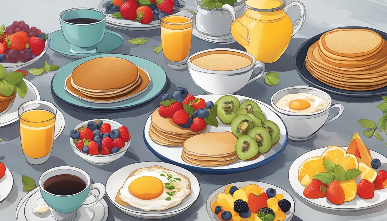 A colorful array of breakfast dishes, including fruit bowls, oatmeal, and pancakes, arranged on a table with fresh flowers and a steaming cup of herbal tea