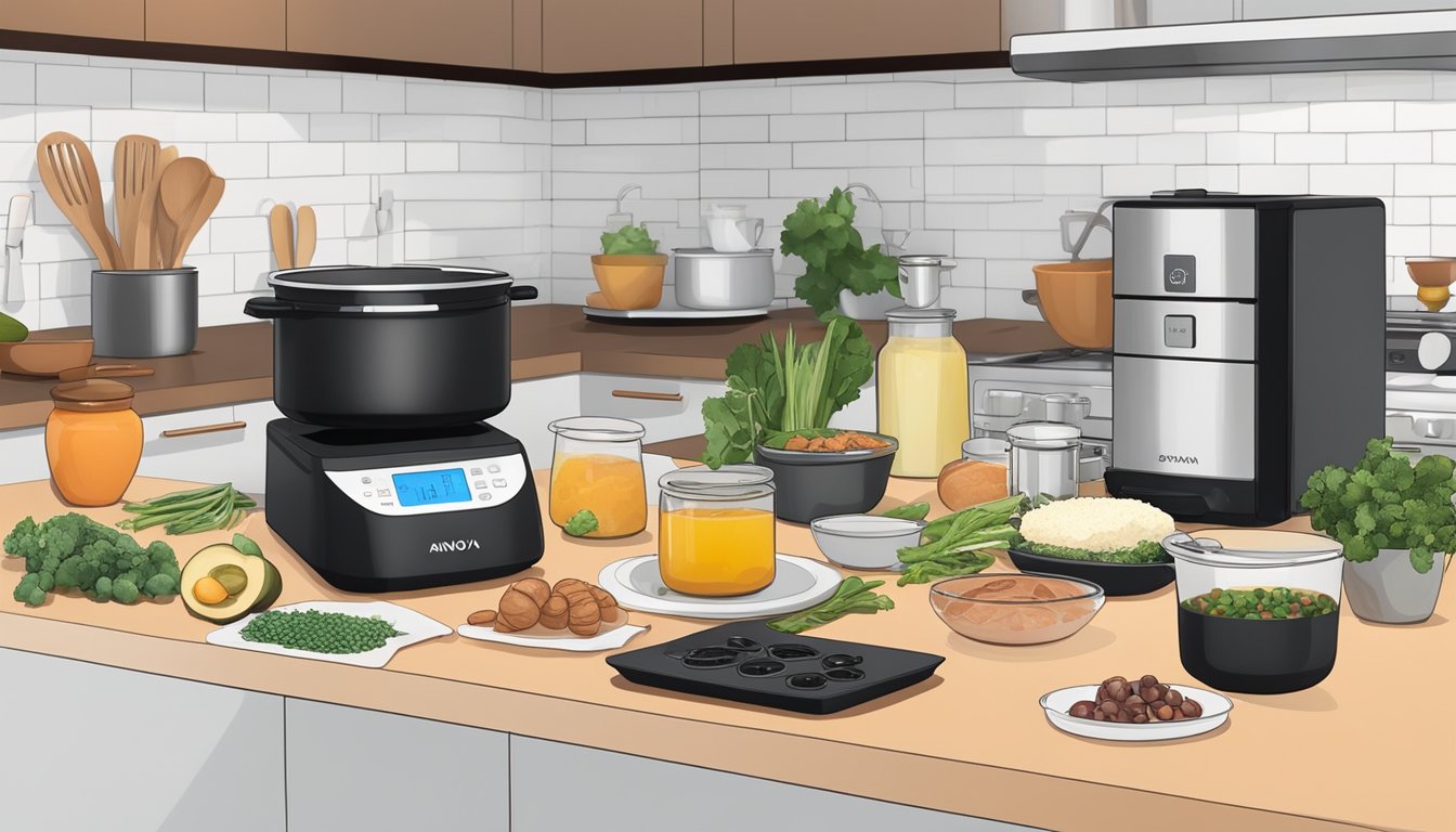 A kitchen counter with a variety of ingredients and the Anova sous vide precision cooker, surrounded by pots, pans, and utensils for creating gourmet breakfast recipes