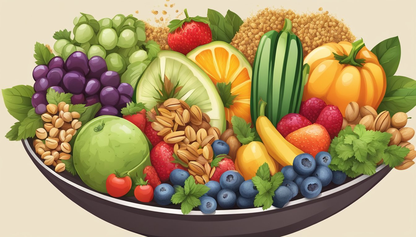 A colorful array of fresh fruits, vegetables, and grains arranged in a bowl, with a variety of nuts and seeds sprinkled on top