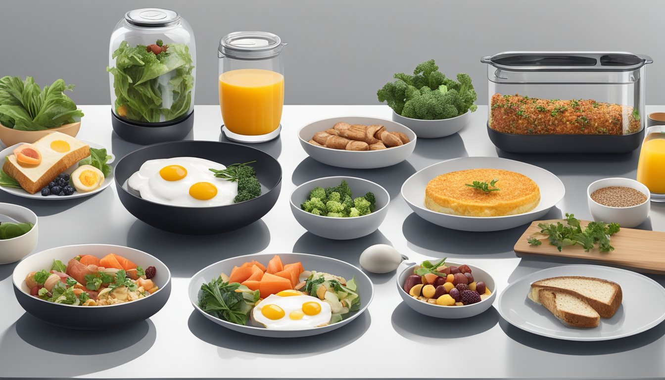 A kitchen counter with a variety of fresh ingredients, a sleek Anova sous vide precision cooker, and a selection of gourmet breakfast dishes displayed on elegant serving plates