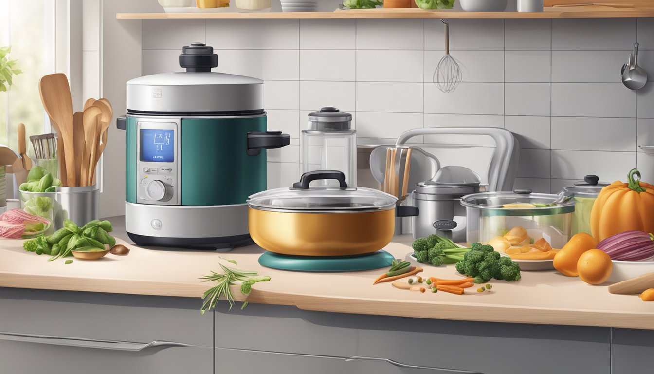 A kitchen counter with a precision cooker surrounded by various ingredients and kitchen utensils. Steam rises from a pot of gently cooking food, while a timer ticks away