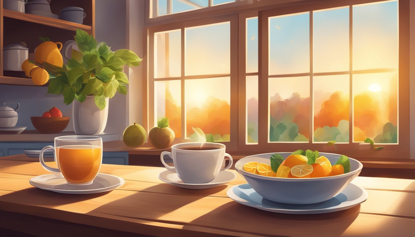 A cozy kitchen with a steaming cup of herbal tea, a bowl of oatmeal, and a plate of fresh fruit on a wooden table. Sunrise filters through the window, casting a warm glow