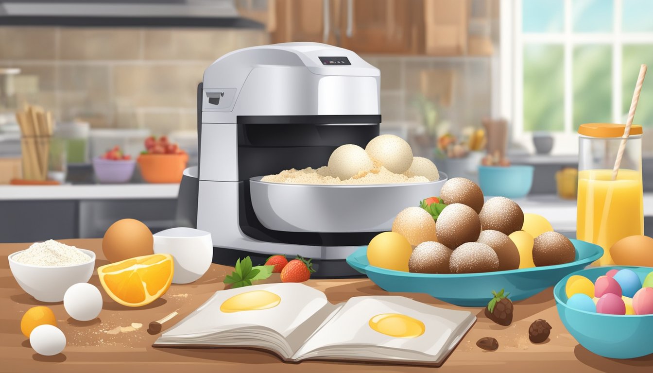 A cake pop maker surrounded by ingredients like eggs, flour, and fruit, with a recipe book open to breakfast recipes