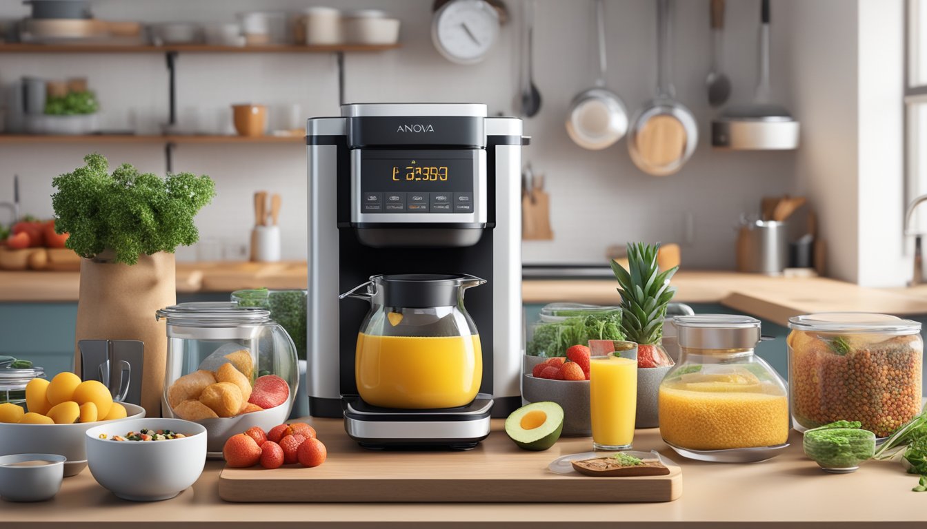 A kitchen counter with various breakfast ingredients and an Anova sous vide precision cooker in the background