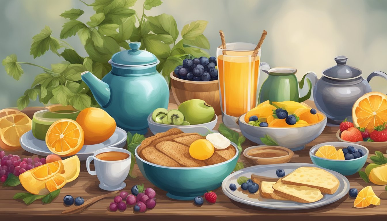 A rustic kitchen table set with an array of colorful and wholesome grain-based breakfast dishes, surrounded by fresh fruits and a steaming pot of herbal tea