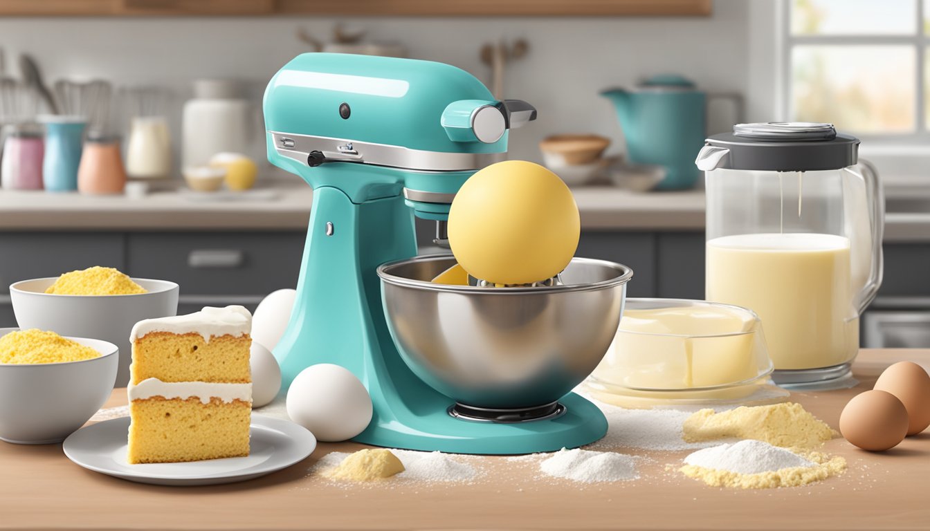 A bowl of batter being mixed with a whisk, surrounded by ingredients like eggs, flour, and milk, with a cake pop maker in the background