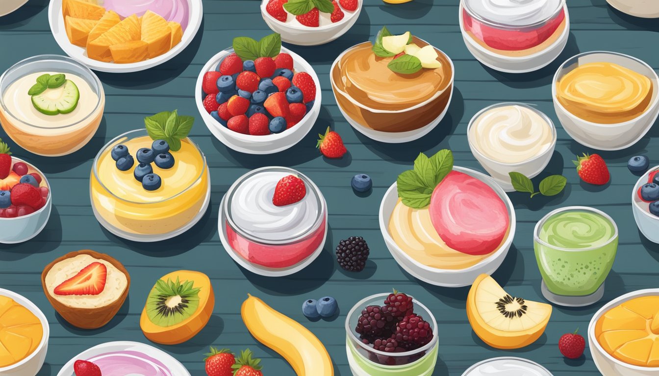 A colorful array of yogurt-based breakfast dishes, including parfaits, smoothie bowls, and fruit-topped yogurt cups, arranged on a rustic wooden table