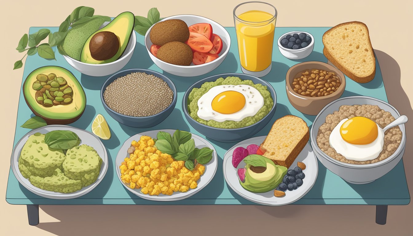 A colorful array of plant-based breakfast foods arranged on a table, including oatmeal, tofu scramble, chia pudding, and avocado toast