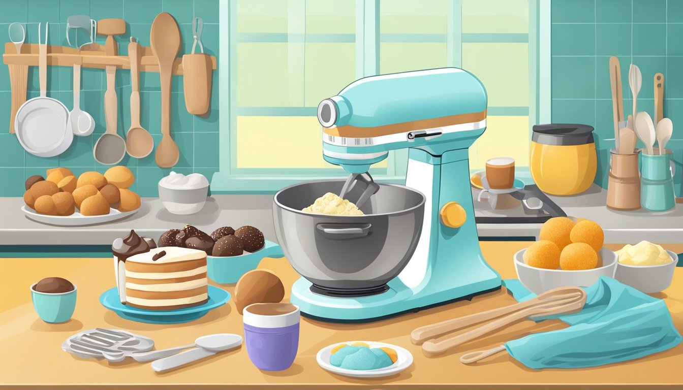 A kitchen counter with a cake pop maker surrounded by ingredients and utensils for making breakfast recipes