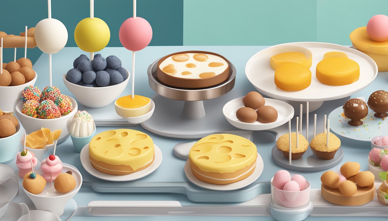 A kitchen counter with a variety of cake pop maker breakfast creations, including mini pancake pops, egg and sausage pops, and fruit-filled pops