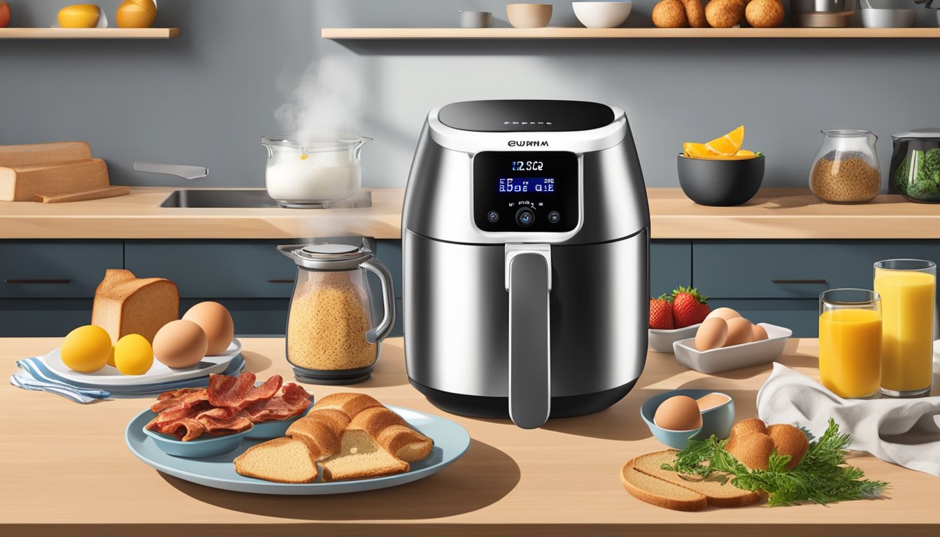 A kitchen countertop with a Gourmia air fryer surrounded by various breakfast ingredients such as eggs, bacon, bread, and fruits