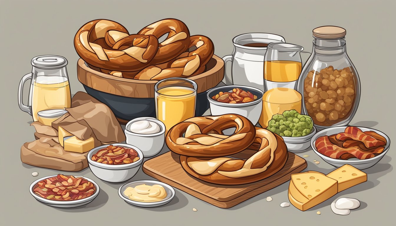 A soft pretzel maker surrounded by essential ingredients and breakfast items, such as eggs, bacon, and cheese, ready to be used for creating delicious breakfast recipes