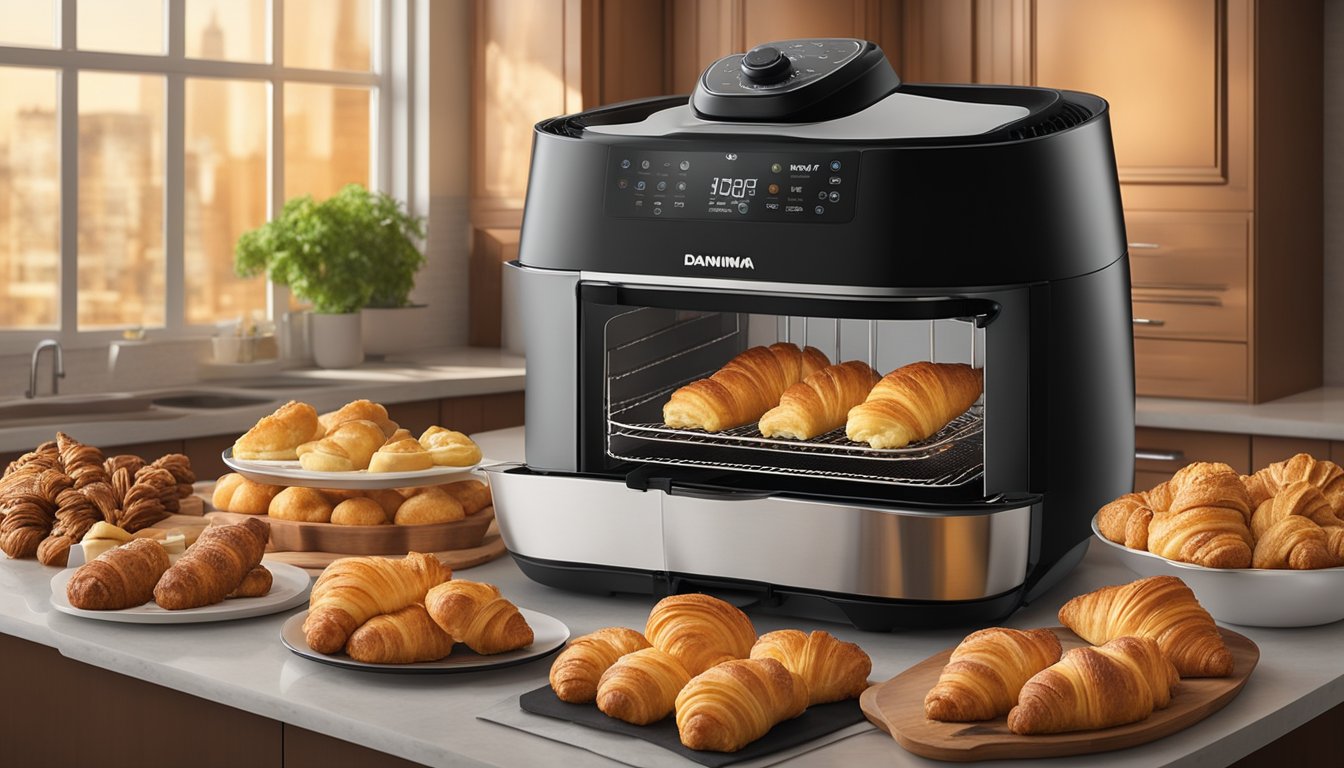 A variety of pastries, such as croissants, danishes, and turnovers, are arranged on a wire rack inside a Gourmia air fryer, surrounded by steam and a warm, golden glow