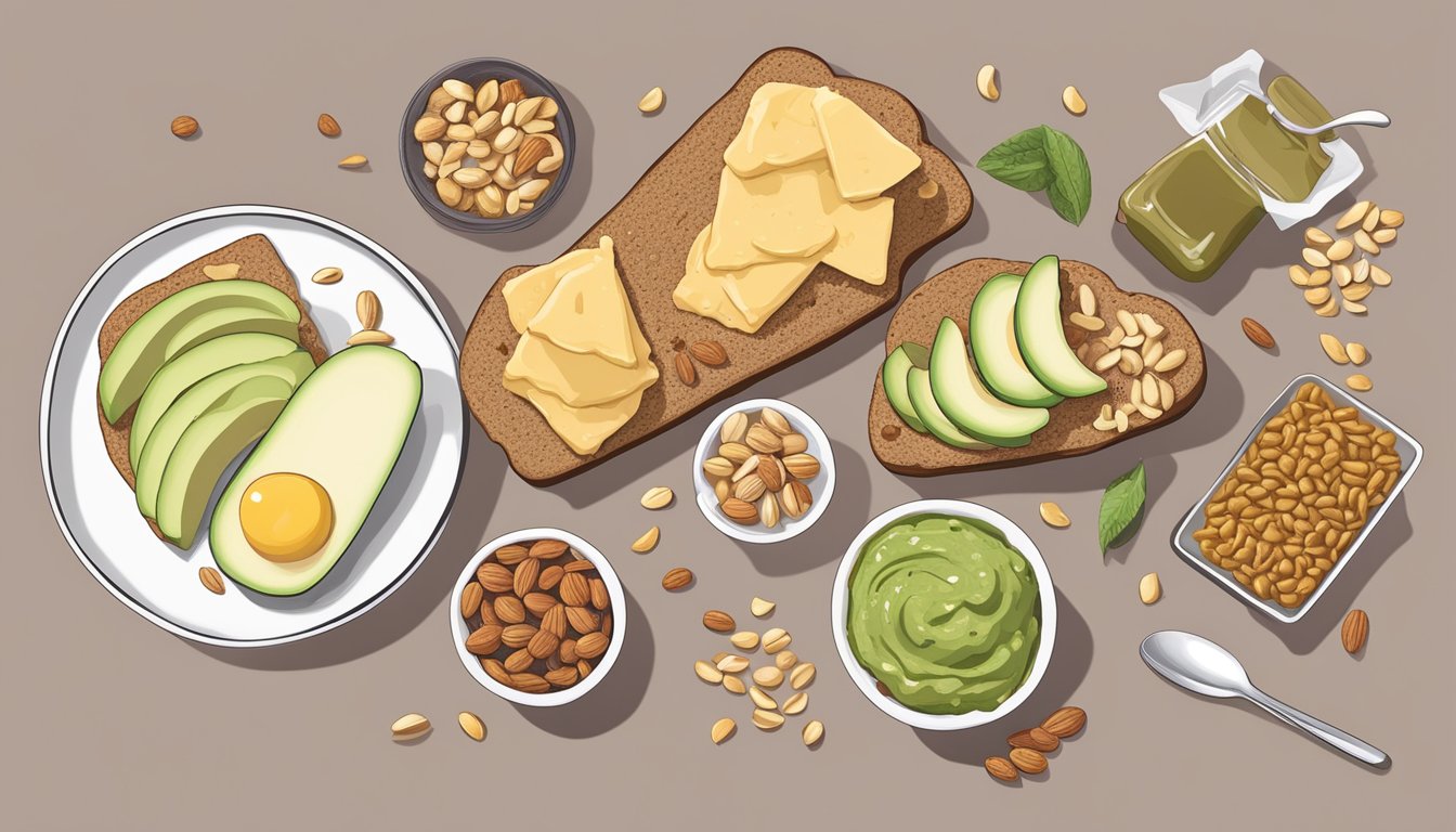 A spread of breakfast items including avocado toast, nut butter on whole grain toast, and a bowl of mixed nuts and seeds