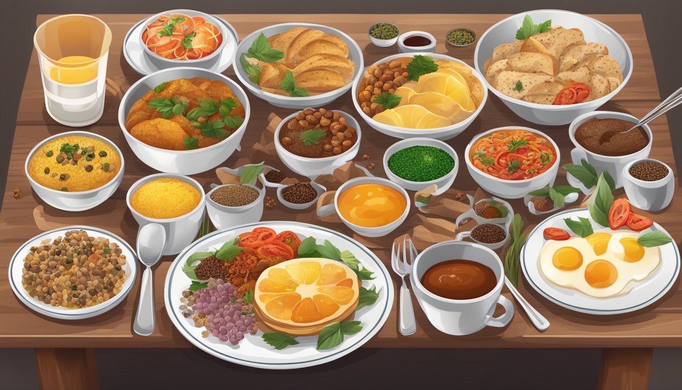 A table set with a variety of flavorful breakfast dishes, surrounded by colorful spices and herbs