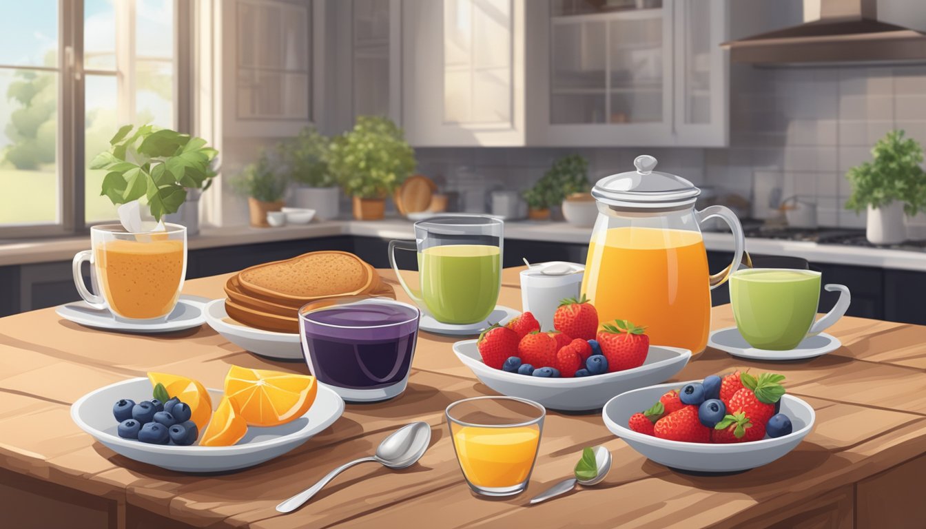 A cozy kitchen with a wooden table set for breakfast, featuring a variety of caffeine-free options such as herbal tea, fruit smoothies, and oatmeal with fresh berries