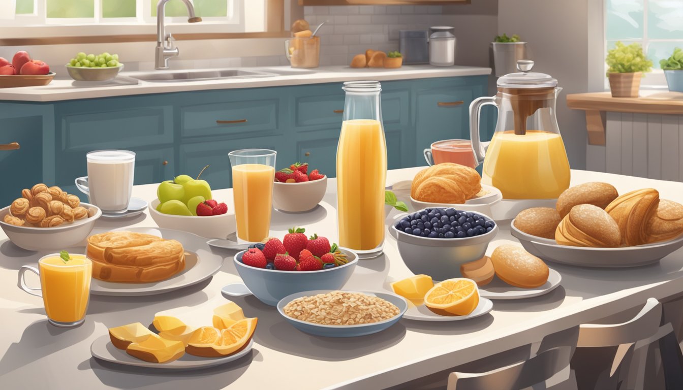 A cozy kitchen filled with a variety of caffeine-free breakfast foods, such as fruit smoothies, oatmeal, and pastries, arranged on a table