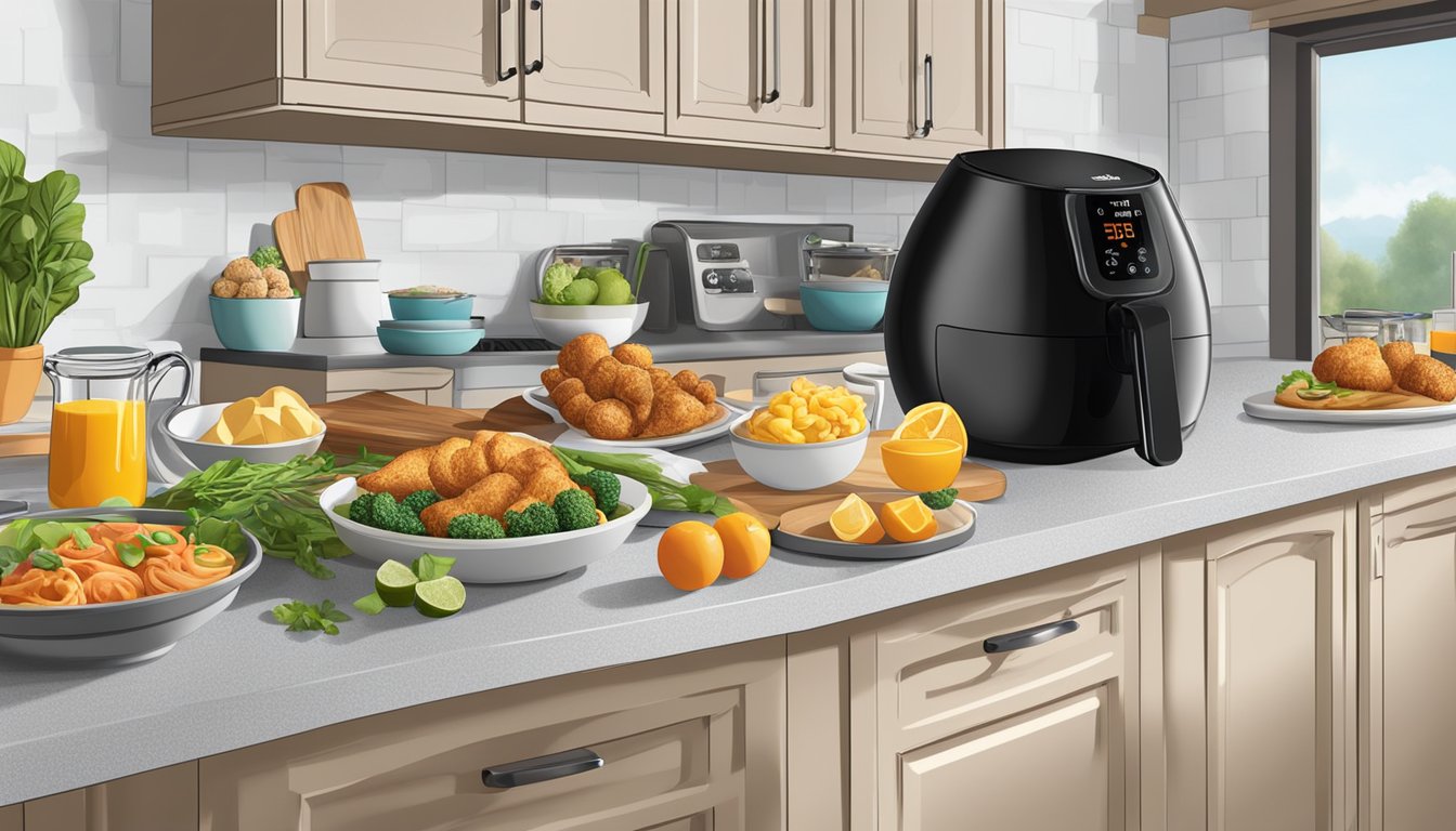 A kitchen counter with a Gourmia air fryer surrounded by ingredients for 10 breakfast recipes