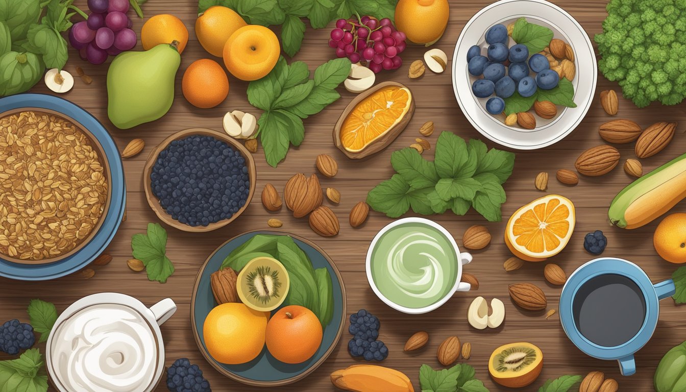 A cozy kitchen with a variety of colorful fruits, vegetables, grains, and nuts laid out on a wooden table, with a steaming cup of herbal tea and a bowl of yogurt with granola