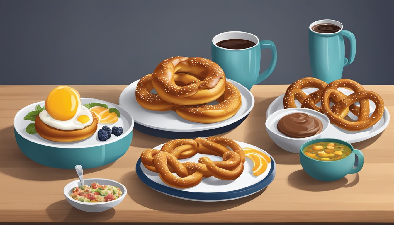 A table set with 5 unique breakfast dishes made using a soft pretzel maker, each topped with creative and colorful variations