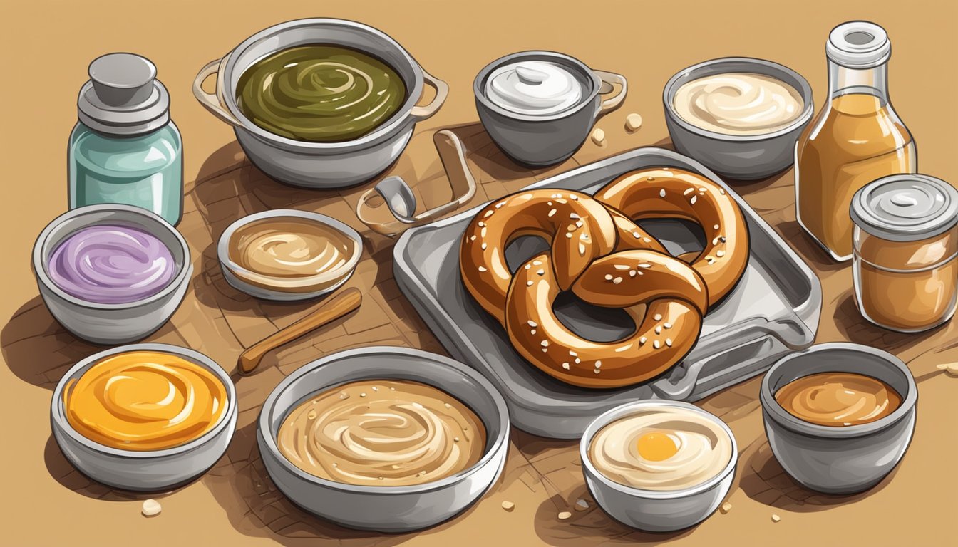 A soft pretzel maker surrounded by ingredients and utensils, with five different breakfast sauces and dips being prepared